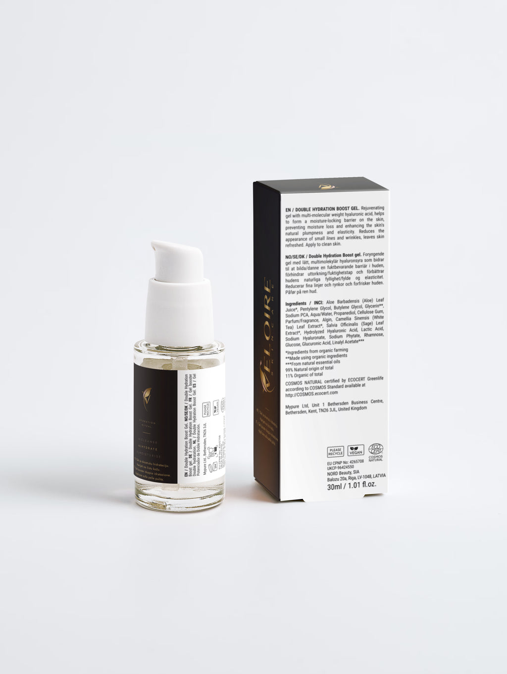 Veloire Double Hydration Boost Gel + HA 30 ml – back of bottle and box