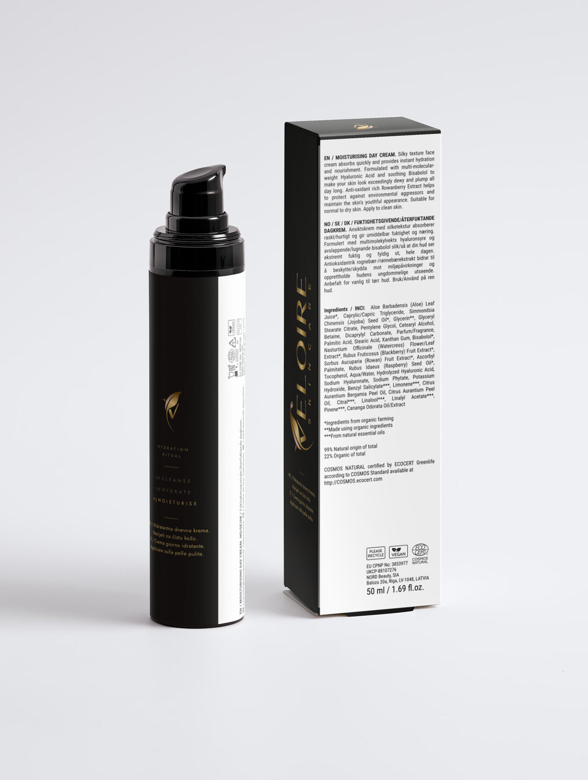 Veloire Moisturising Day Cream 50 ml – back of bottle and box